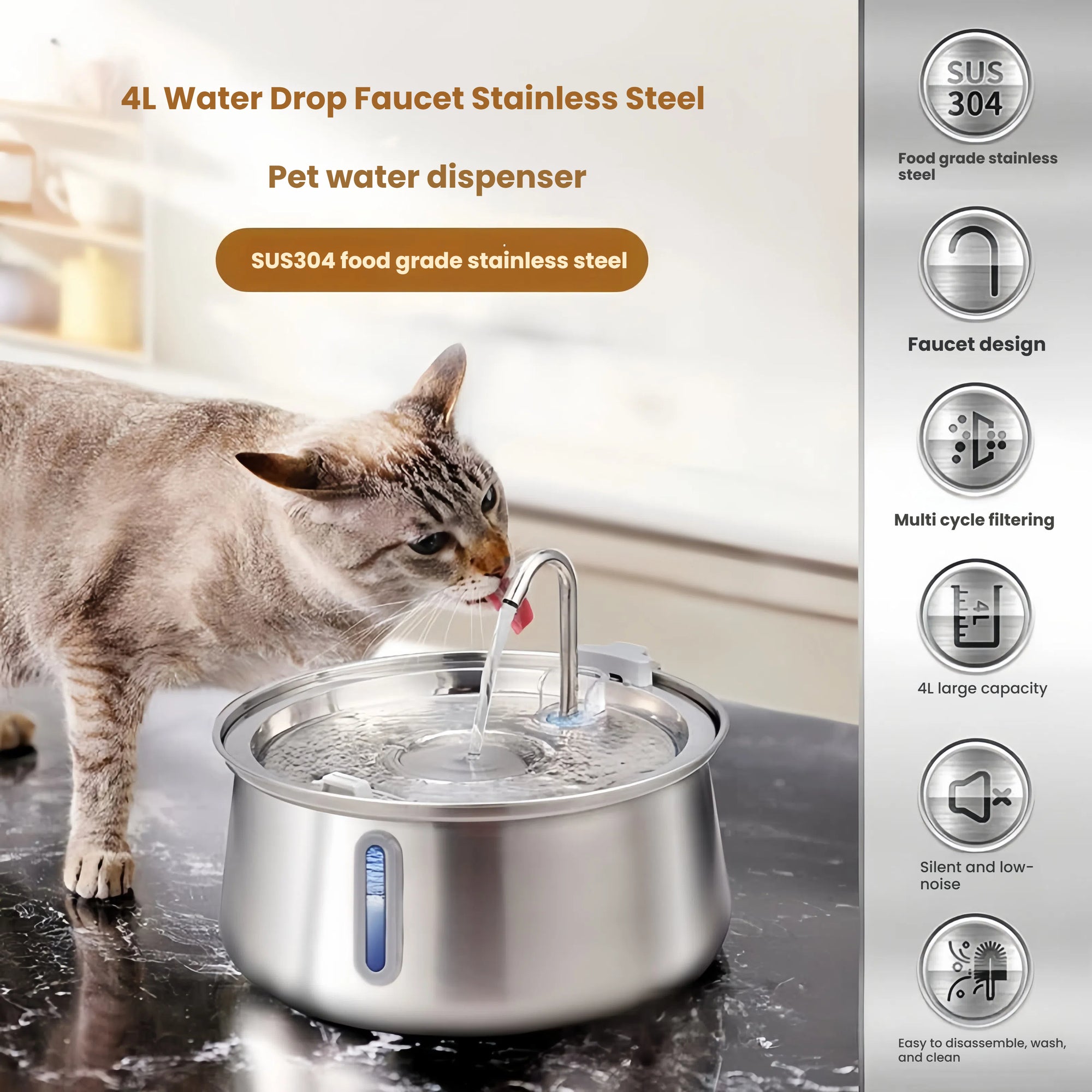 4L Stainless Steel Pet Water Fountain with Faucet Design & Silent Pump
