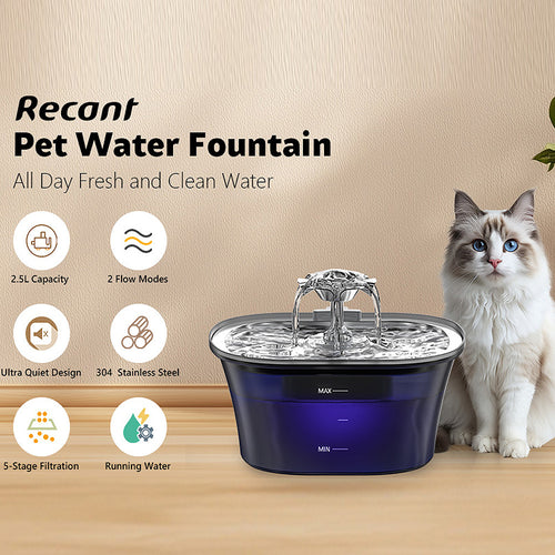 2.5L Stainless Steel Pet Water Fountain with Quiet Pump & 5-Stage Filter