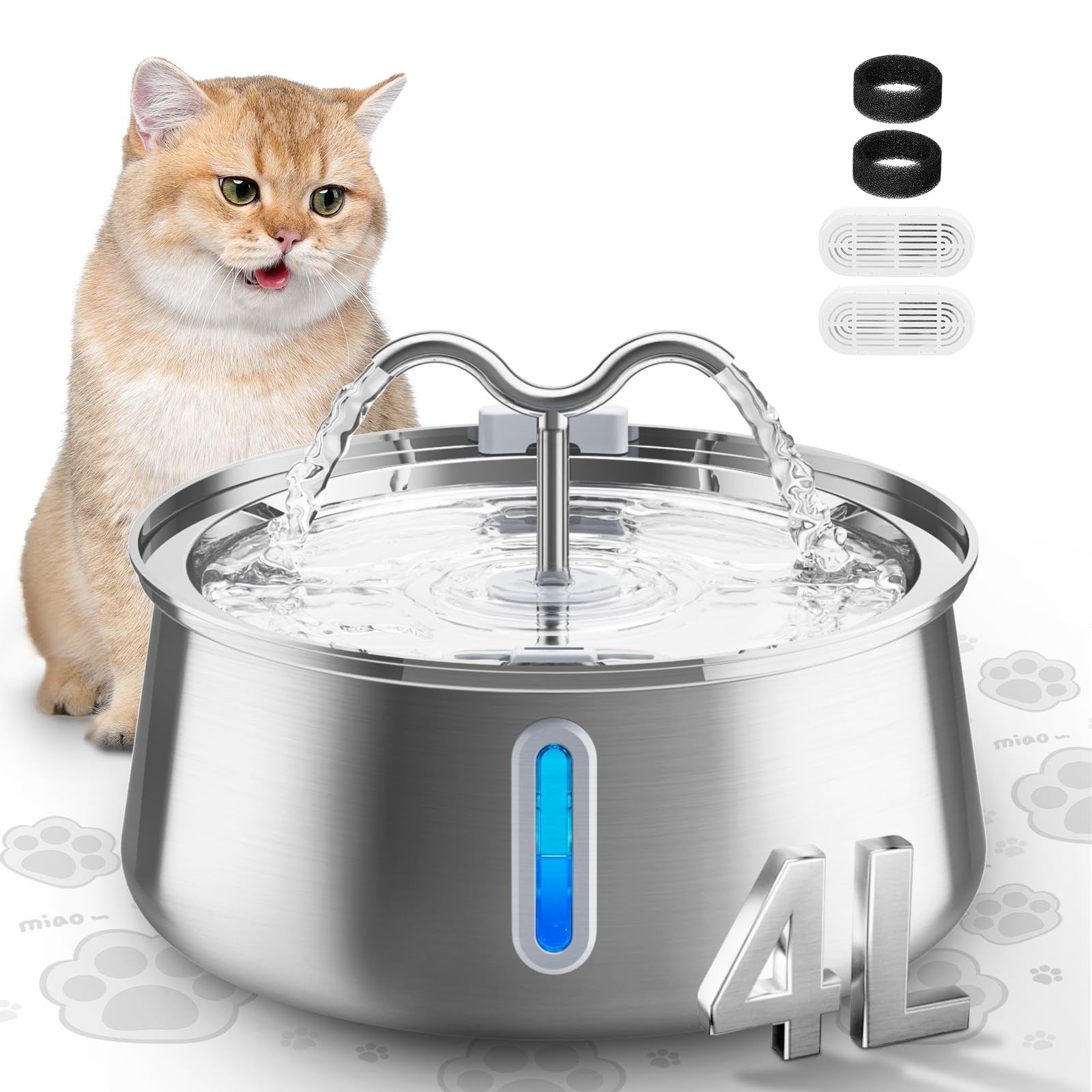 4L Stainless Steel Pet Water Fountain with Faucet Design & Silent Pump